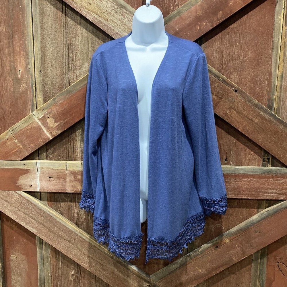 Kim Rogers Open Front Cardigan Shirt Size Large Blue Lace Trim Stretch